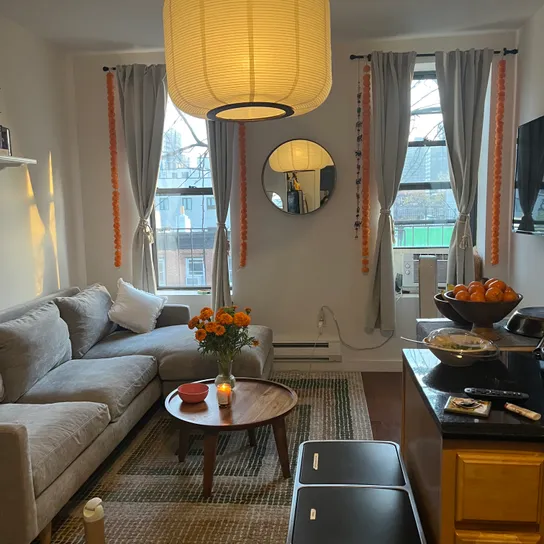 Photo of the decorated living room of the first apartment Shruti and Caleb shared.